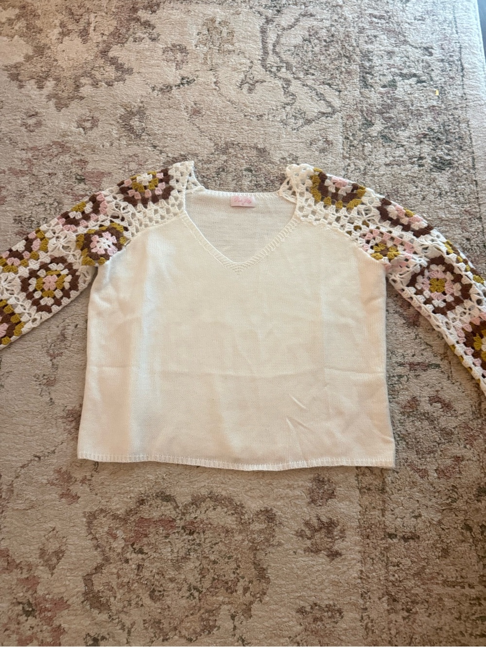 Pink Lily Cream Knit Sweater with Pink, Olive & Brown Crochet Sleeves